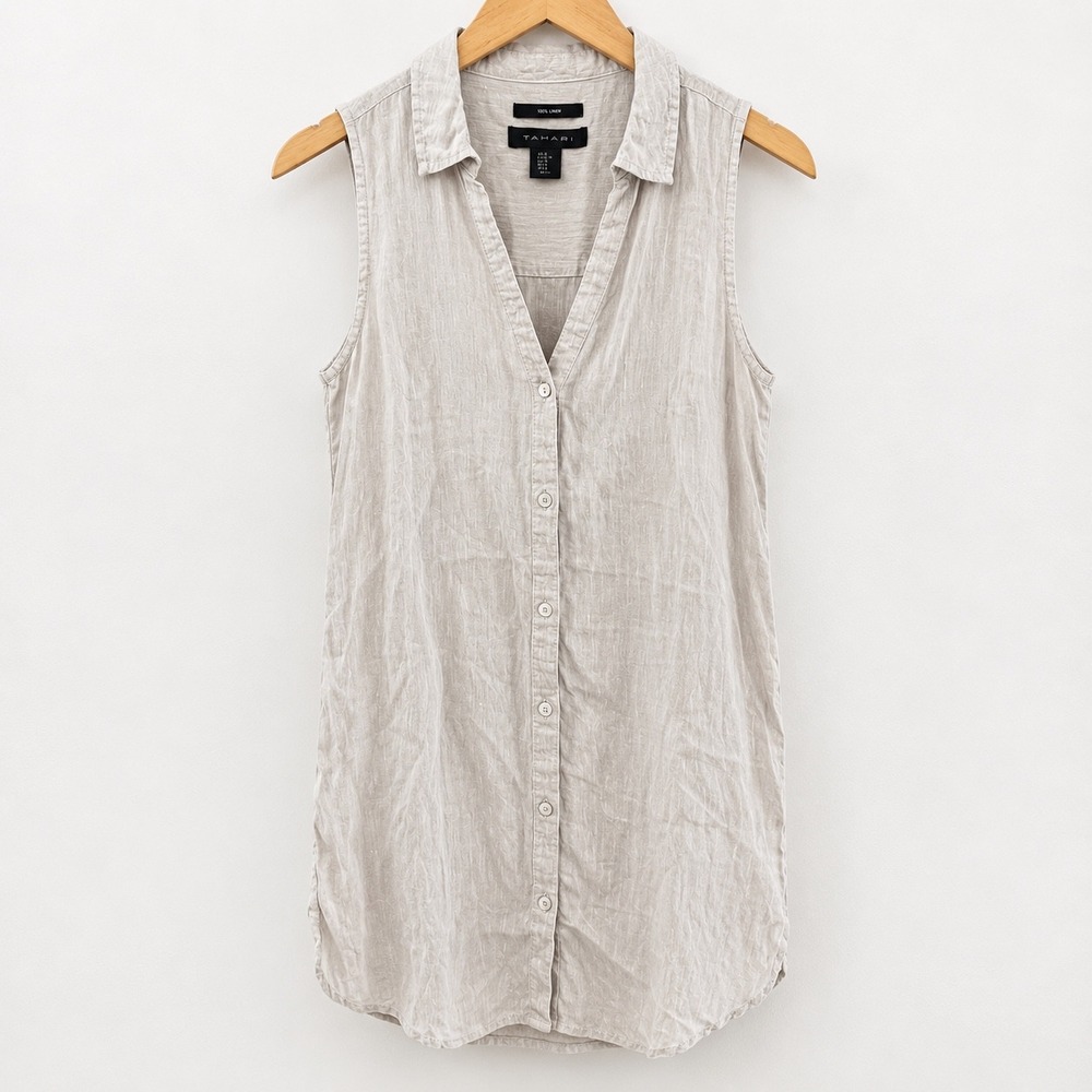 Tahari Womens XS Hemp Sleeveless Button Down Tunic Top Oatmeal Tan Shirt